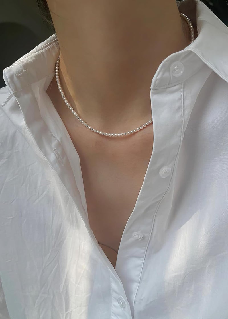 Eymi Simple Tiny Dainty Pearl Choker Necklace Jewelry for Women Sterling Silver Round White Pearl Strand Necklaces Adjustable - Image 4